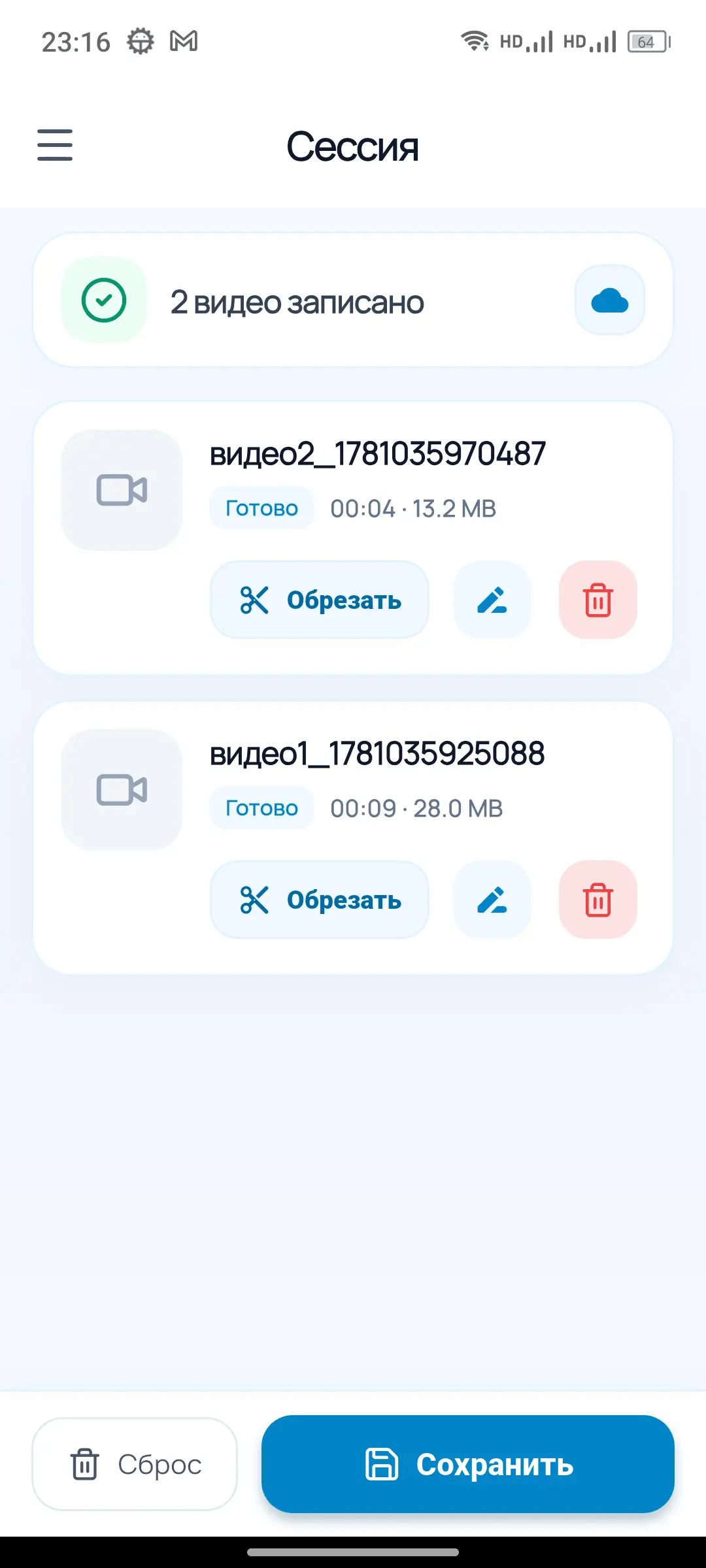 Экран сессии