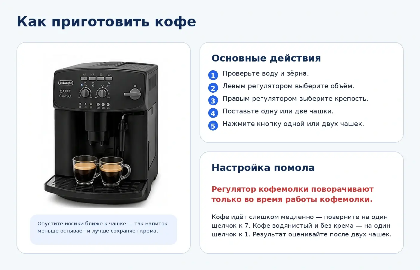 Приготовление кофе в De`Longhi Caffe Corso ESAM2600