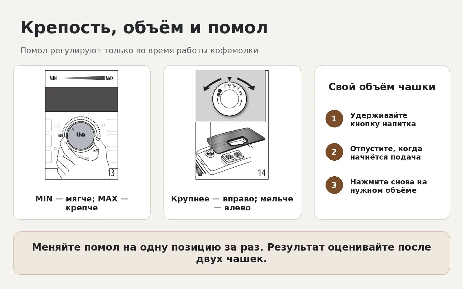 Настройка крепости, объёма и помола