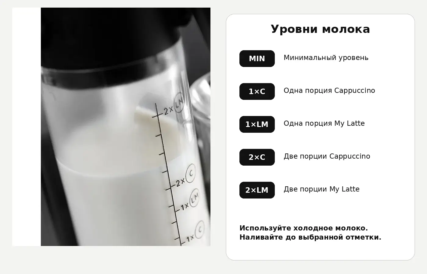 Отметки количества молока на контейнере LatteCrema