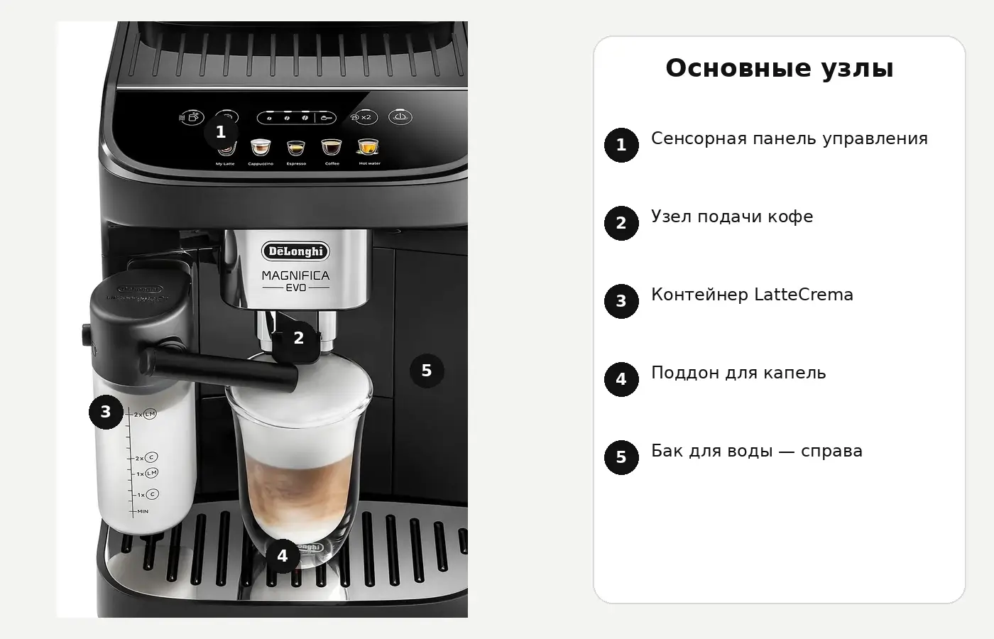 Основные элементы кофемашины De’Longhi Magnifica Evo ECAM290.61