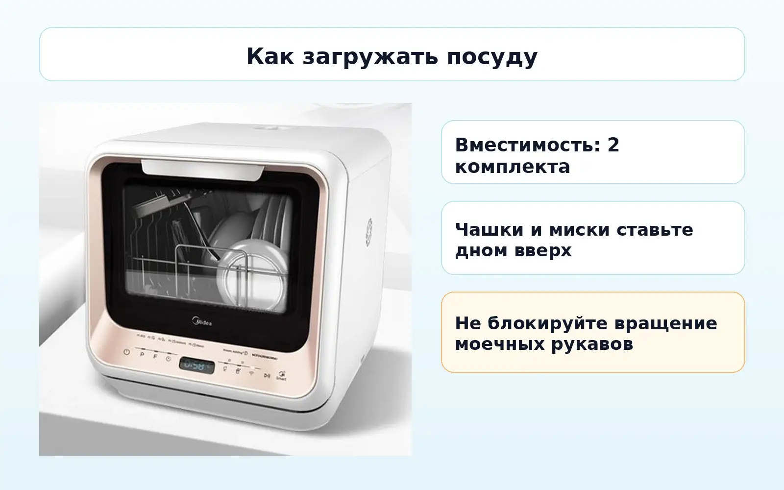 Загрузка посуды в Midea MCFD42900GMINI-i