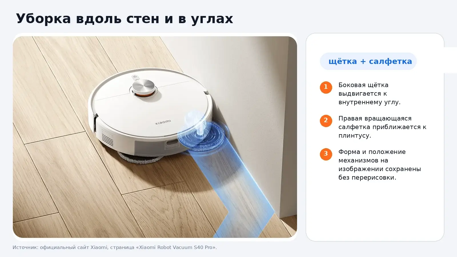 Выдвижная боковая щётка и салфетка Xiaomi Robot Vacuum S40 Pro