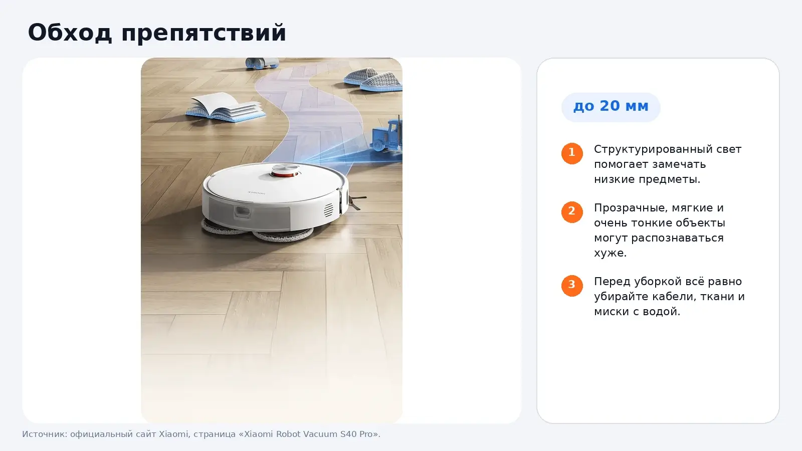 Обход препятствий Xiaomi Robot Vacuum S40 Pro